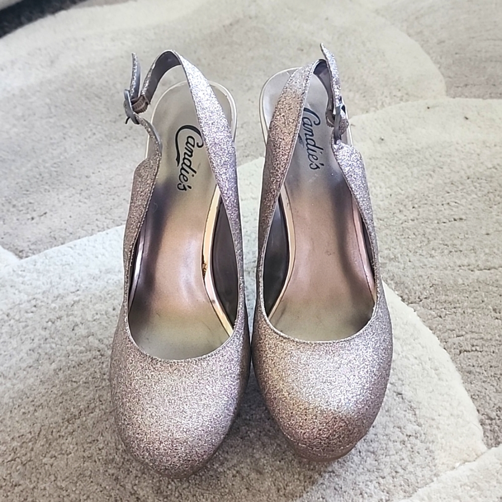 Candies Sling Back Glitter Platform Stiletto Size 10 Medium - Pink Multi Sparkle